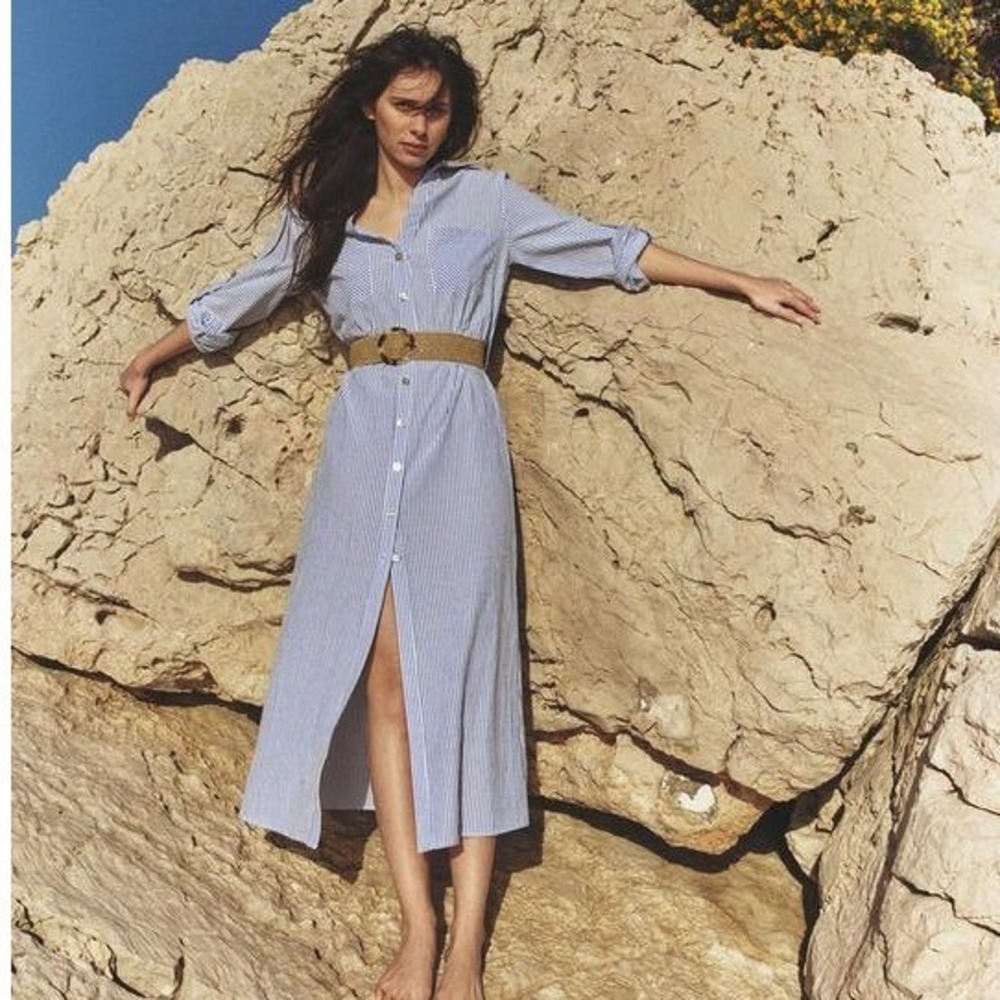 Zara Women Belted Striped Maxi Shirt Dress Blue White Size L